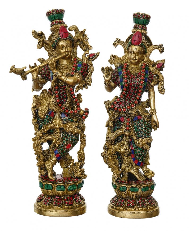 Religious handicraft titled 'Radha Krishna Playing Flute', 14x6x3 inches, by artist Brass Handicrafts on Brass