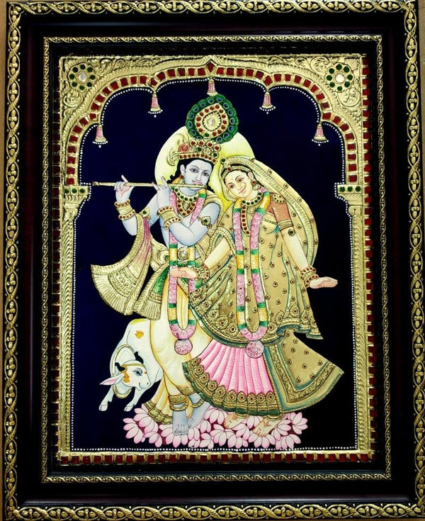 Radha Krishna With Cow Tanjore Painting Traditional Art by Vani Vijay | ArtZolo.com