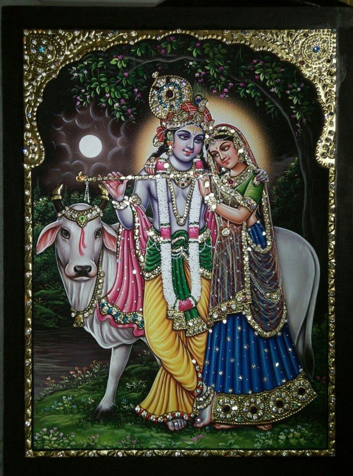 Radha Krishna And Cow Tanjore Art Traditional Art by Vani Vijay | ArtZolo.com