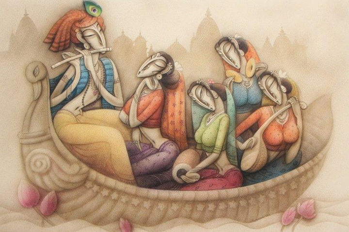 Radha Krishna With Musicians Painting by Ramesh Pachpande | ArtZolo.com
