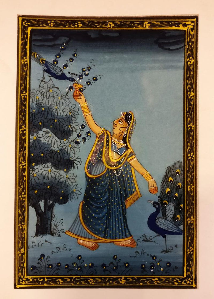 Radha Dancing With Peacocks Miniature Painting by Unknown | ArtZolo.com