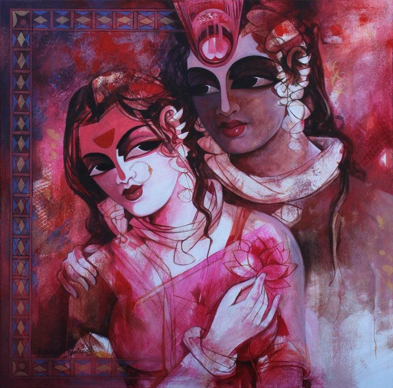 Figurative acrylic painting titled 'Radhakrishna ', 24x24 inches, by artist Rajeshwar Nyalapalli on Canvas