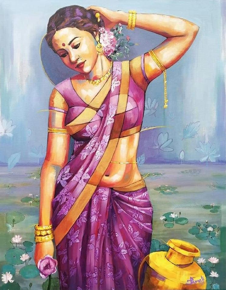 Figurative acrylic painting titled 'Radhika', 30x24 inches, by artist Tamali Das on canvas