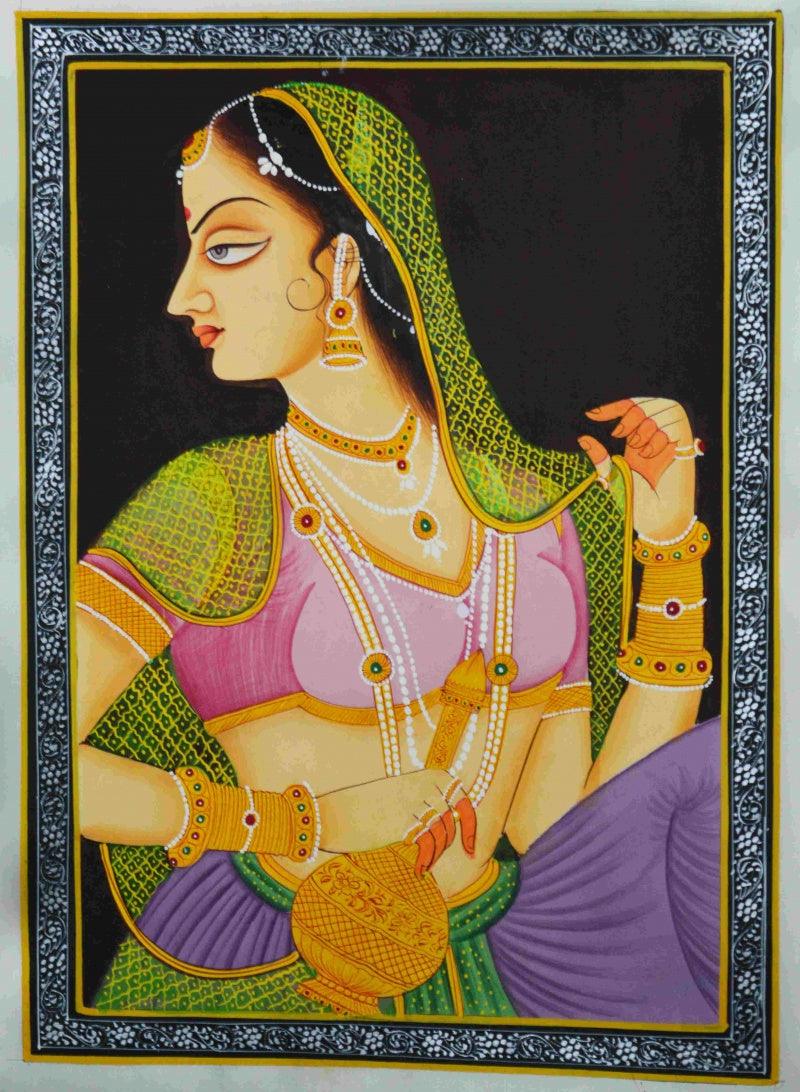 Figurative mughal traditional art titled 'Ragini', 13x10 inches, by artist Unknown on Silk