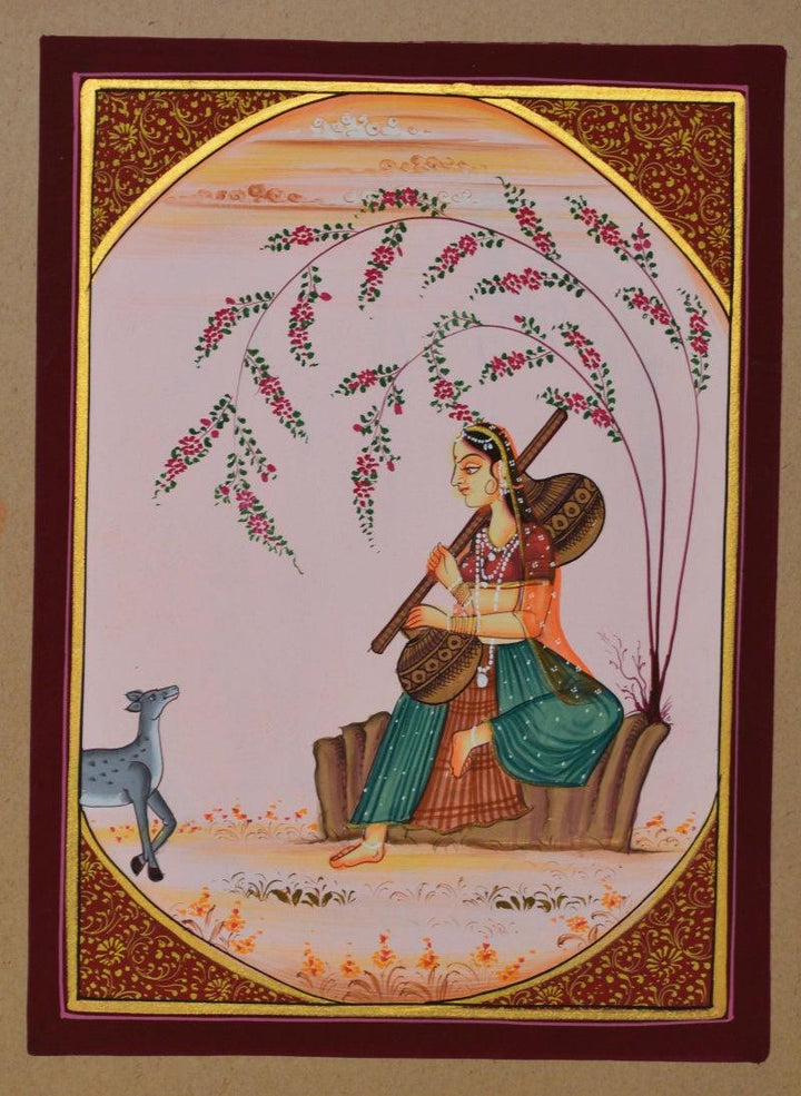 Ragini Sitting And Playing With Deer Traditional Art by Unknown | ArtZolo.com