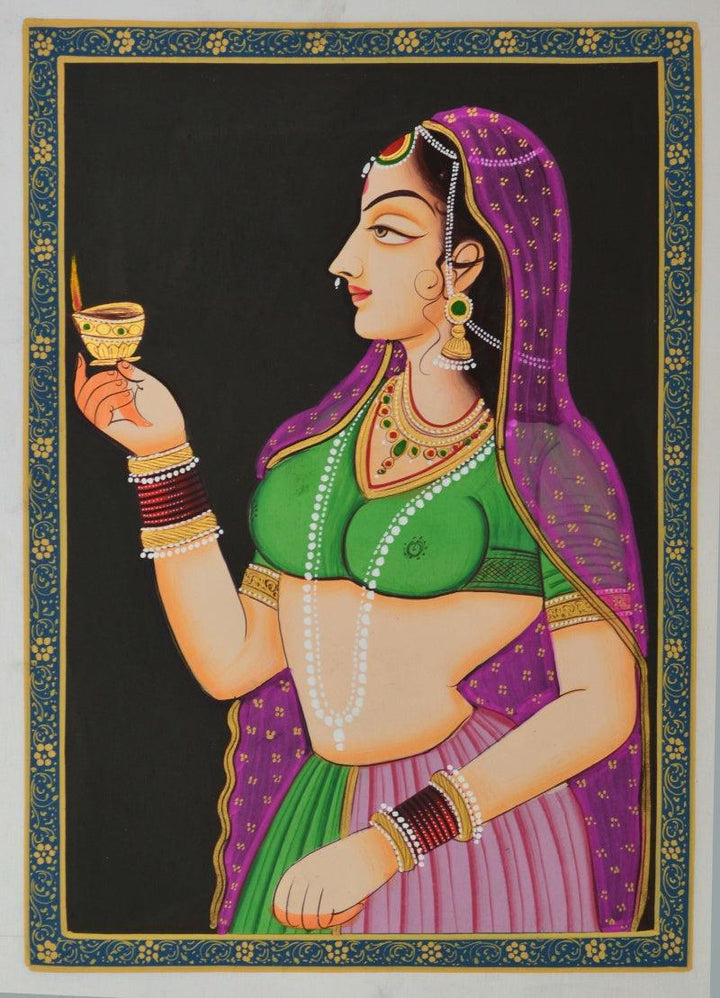 Ragini With Lamp In Hand Silk Traditional Art by Unknown | ArtZolo.com