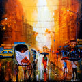 Cityscape acrylic painting titled 'Rainy Day 2', 30x30 inches, by artist Arjun Das on Canvas