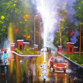 Cityscape acrylic painting titled 'Rainy Day 7', 30x30 inches, by artist Arjun Das on Canvas