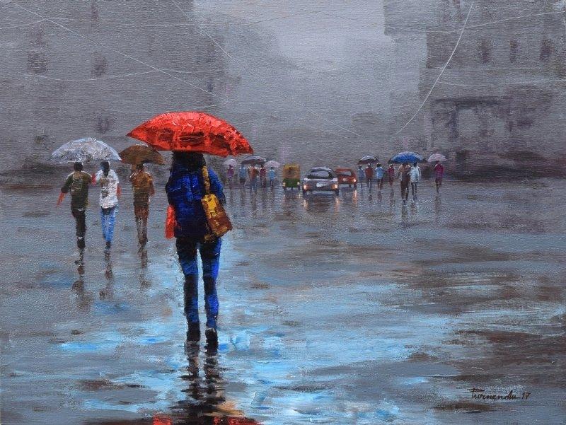 Cityscape acrylic painting titled 'Rainy Day', 18x24 inches, by artist Purnendu Mandal on Canvas