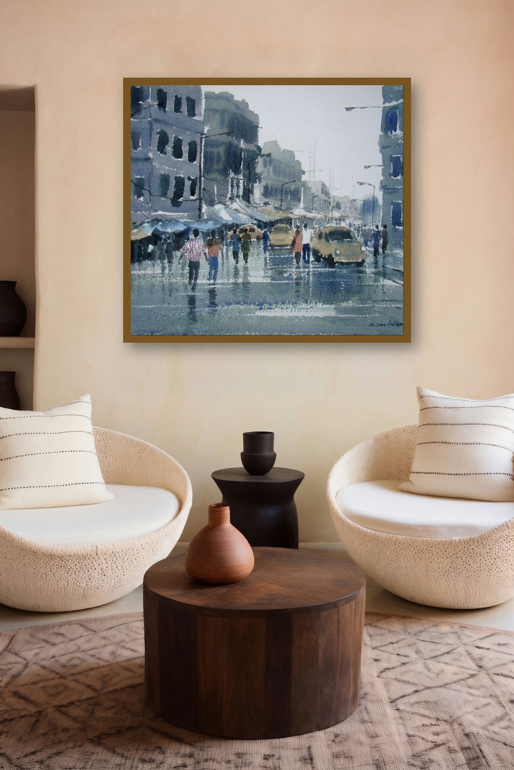 Rainy Day (City in the Rain) by artist Jiaur Rahman displayed in a Indian Art gallery