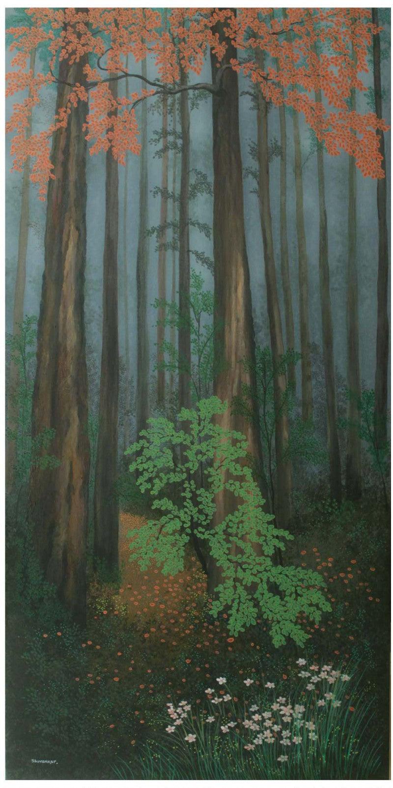 Landscape acrylic painting titled 'Rainy Day', 48x24 inches, by artist Shuvankar Maitra on Canvas