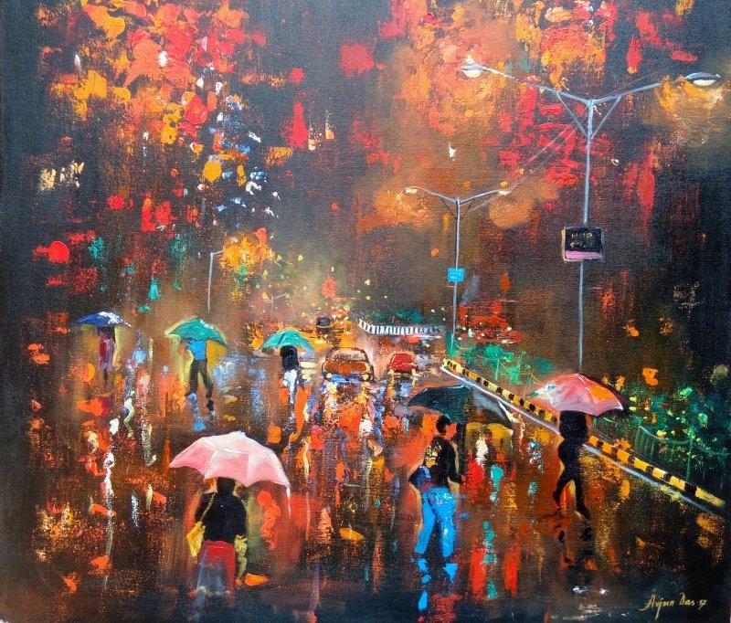 Realistic acrylic painting titled 'Rainy Day', 30x30 inches, by artist Arjun Das on Canvas