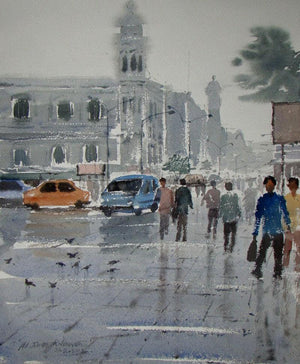 Rainy Day by Jiaur Rahman, Original Watercolor Cityscape Painting on Paper, X-Small Vertical Wall Art