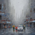 Cityscape acrylic painting titled 'Rainy Day', 24x24 inches, by artist Purnendu Mandal on Canvas