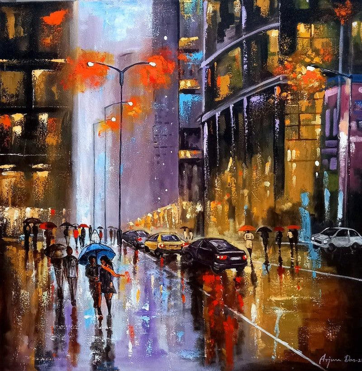 Rainy Day In City 2 Painting by Arjun Das | ArtZolo.com