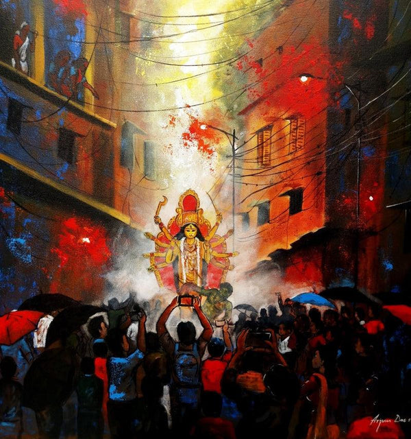 Rainy Day In Durga Puja Painting by Arjun Das | ArtZolo.com