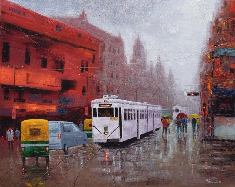 Cityscape oil painting titled 'Rainy Day In Kolkata', 48x60 inches, by artist Purnendu Mandal on Canvas