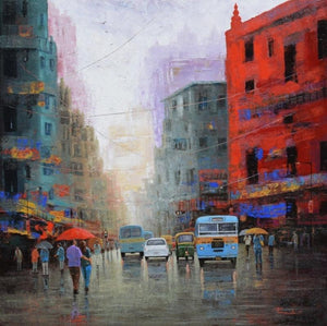 Cityscape acrylic painting titled 'Rainy Day In Kolkata', 48x48 inches, by artist Purnendu Mandal on Canvas