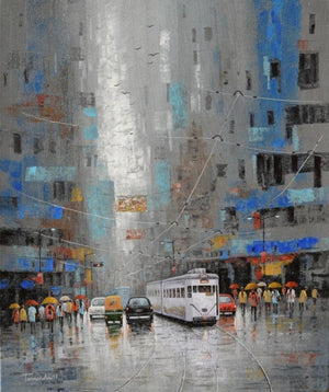 Cityscape acrylic painting titled 'Rainy Day In Kolkata', 36x30 inches, by artist Purnendu Mandal on Canvas