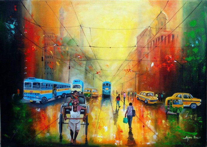 Rainy Day In Kolkata Painting by Arjun Das | ArtZolo.com