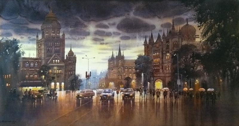 Cityscape acrylic painting titled 'Rainy Mumbai', 32x60 inches, by artist NanaSaheb Yeole on Canvas