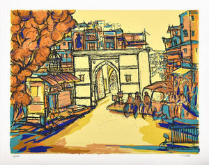 Cityscape serigraphs painting titled 'Raipur Darwaza', 24x30 inches, by artist Vrindavan Solanki on Paper