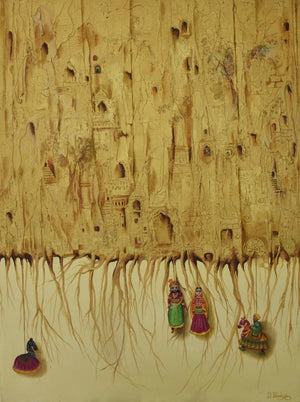 Lifestyle mixed media painting titled 'Rajasthan', 48x36 inches, by artist Durshit Bhaskar on Canvas