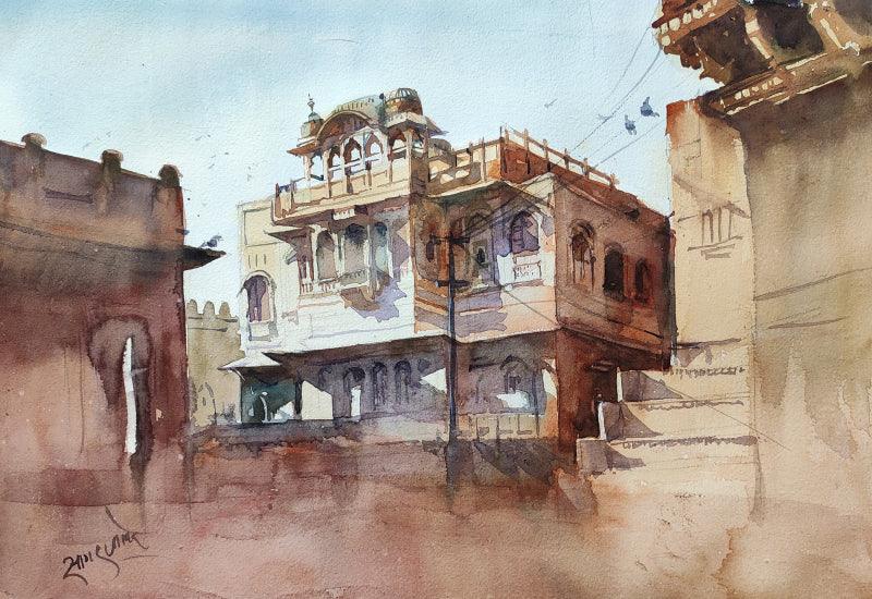 Cityscape watercolor painting titled 'Rajasthan', 12x17 inches, by artist Sagar Palwe on Paper