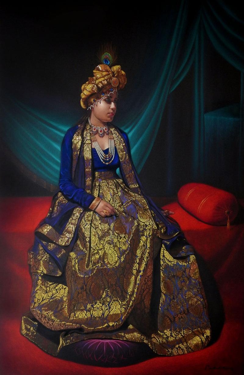 Figurative color pencil drawing titled 'Rajnandini', 60x48 inches, by artist Deepak Patil on Black Paper