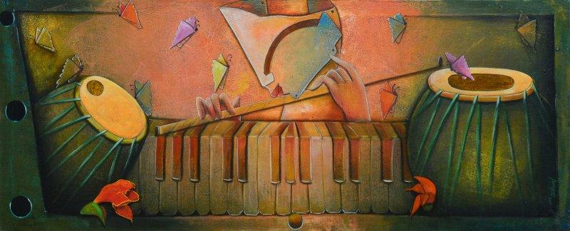 Abstract acrylic painting titled 'Rang barse', 20x48 inches, by artist Anupam Pal on canvas