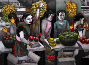 Figurative mixed media painting titled 'Reciprocal', 31x39 inches, by artist Kalipada Purkait on Paper
