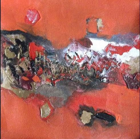 Abstract acrylic painting titled 'Red Abstract', 10x10 inches, by artist Deepak Guddadakeri on Canvas