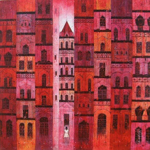 Cityscape acrylic painting titled 'Red City', 36x36 inches, by artist Suresh Gulage on Canvas