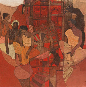 Figurative acrylic painting titled 'Red Door', 36x36 inches, by artist Siddharth Shingade on Canvas
