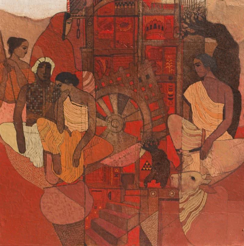 Figurative acrylic painting titled 'Red Door', 36x36 inches, by artist Siddharth Shingade on Canvas