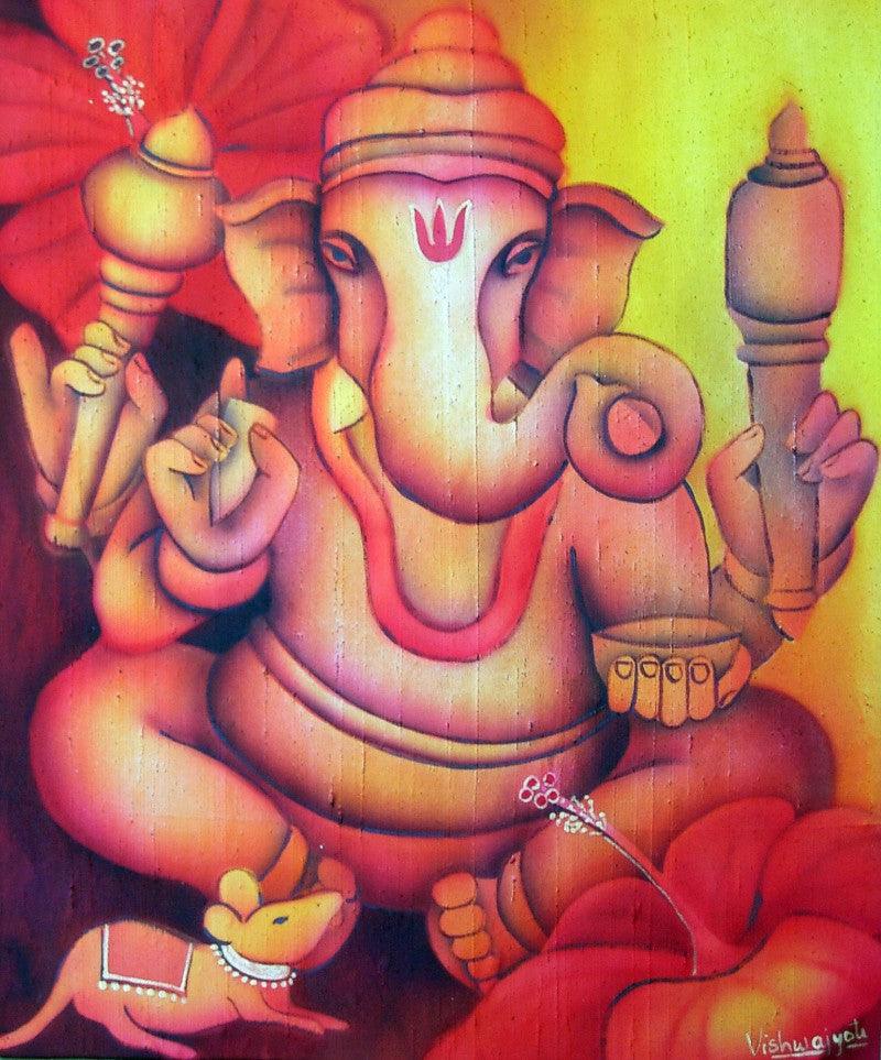Religious airbrush painting titled 'Red Ganesha', 34x28 inches, by artist Vishwajyoti Mohrhoff on Canvas
