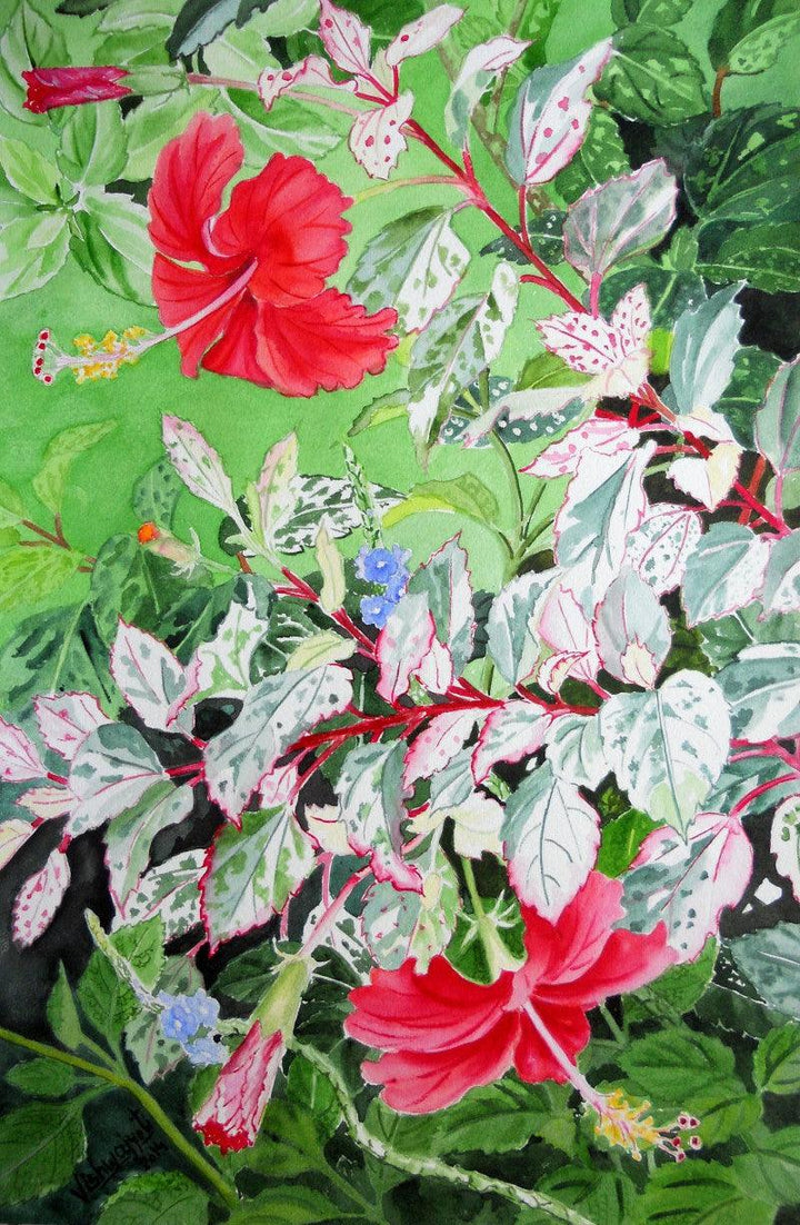 Red Hibiscus Variegated Painting by Vishwajyoti Mohrhoff | ArtZolo.com