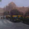 Cityscape oil painting titled 'Red Light', 14x16 inches, by artist Uday Farat on Mount Board