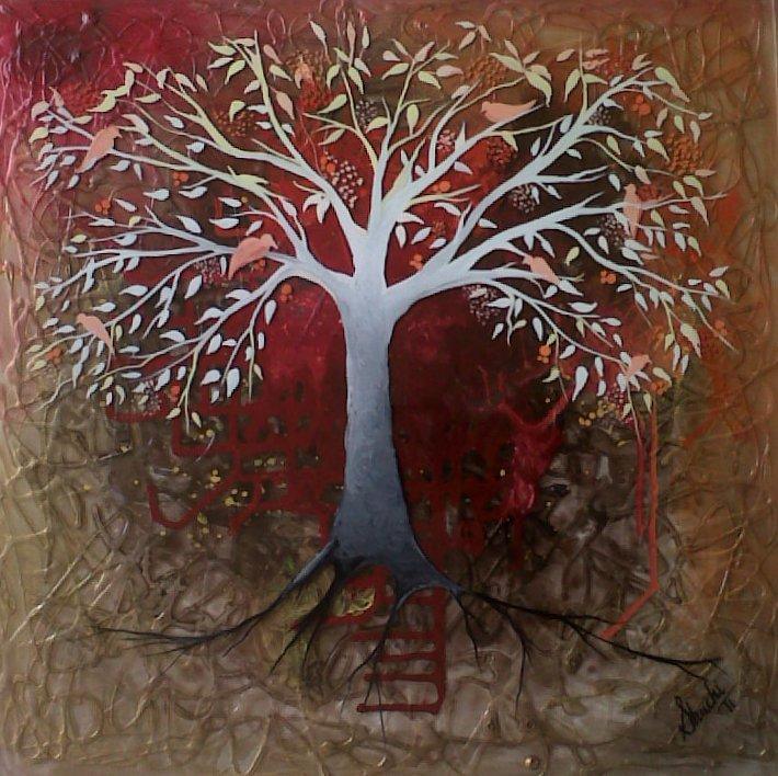 Red Tree Painting by Shuchi Khanna | ArtZolo.com