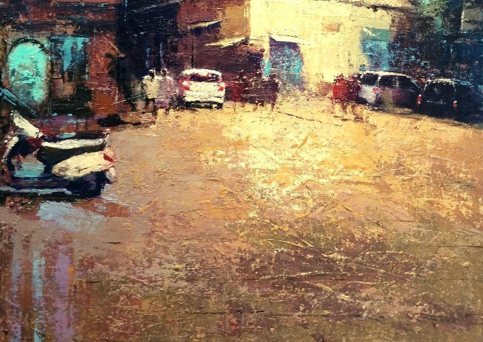 Cityscape acrylic painting titled 'Reflection 2', 18x24 inches, by artist Suresh Jangid on Stretch Canvas