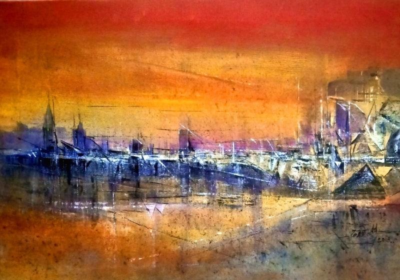 Abstract acrylic painting titled 'Reflection 2', 18x30 inches, by artist Dnyaneshwar Dhavale on Canvas