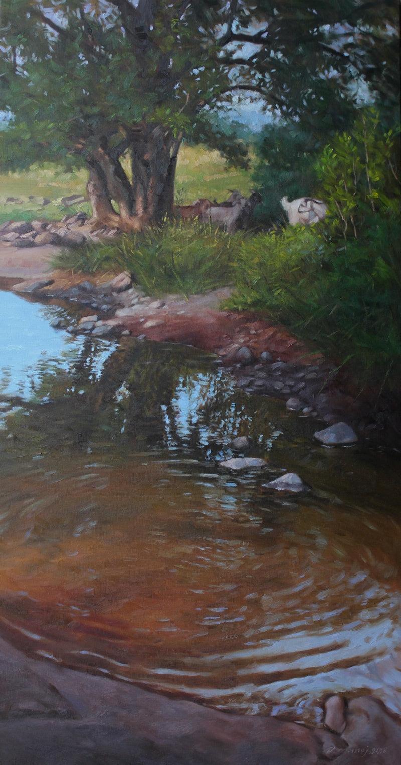 Seascape oil painting titled 'Reflection', 46x24 inches, by artist Manoj Deshmukh on Canvas