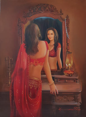 Figurative oil painting titled 'Reflection', 36x48 inches, by artist Kamal Rao on Canvas