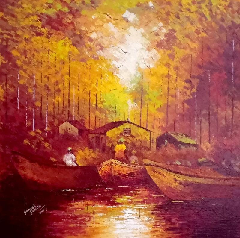 Landscape acrylic painting titled 'Reflection', 36x48 inches, by artist Ganesh Panda on Canvas