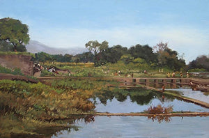 Landscape oil painting titled 'Reflection', 24x36 inches, by artist Sachin Sawant on Canvas
