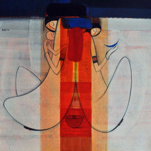 Reflection (Echoes of Harmony: A Moment Reflected) by Dattatraya Thombare, Original Acrylic Figurative Painting on Canvas, Small Square Wall Art