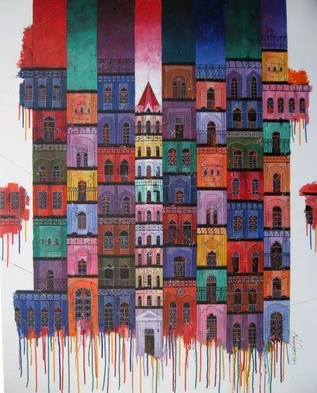 Cityscape acrylic painting titled 'Reflection', 48x60 inches, by artist Suresh Gulage on Canvas