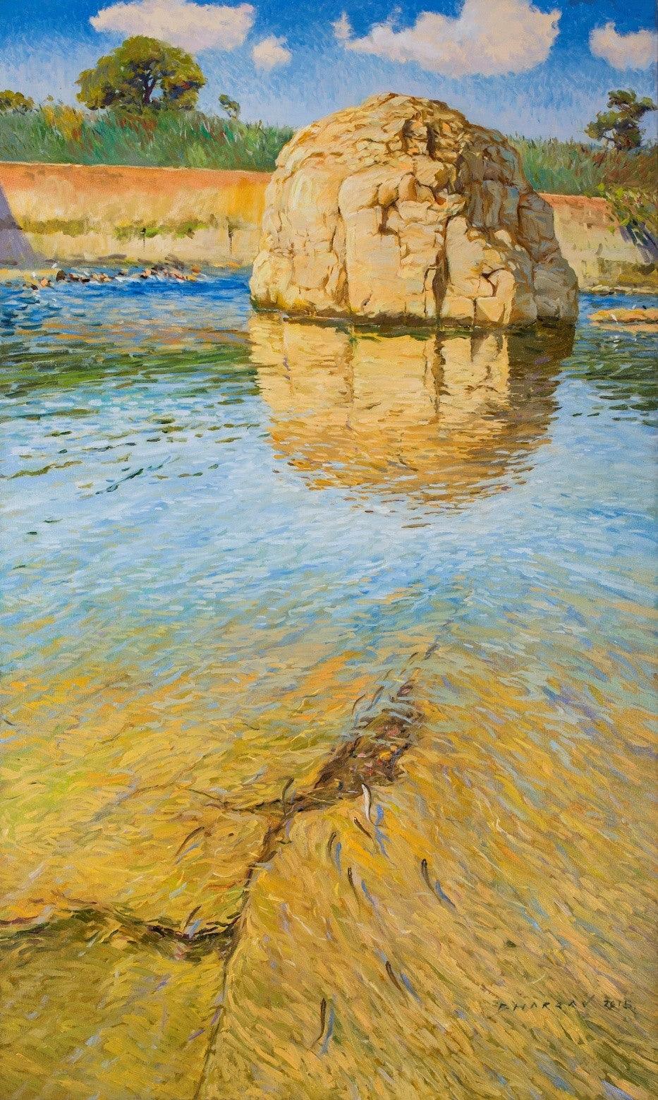 Landscape oil painting titled 'Reflections', 60x30 inches, by artist Bhargavkumar Kulkarni on Canvas