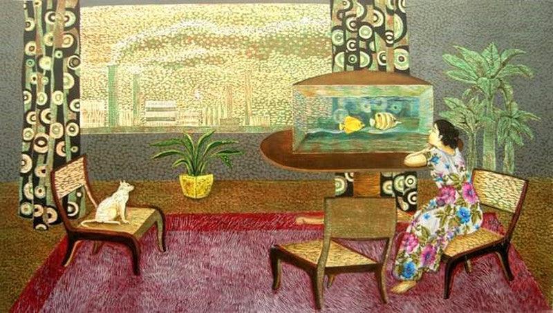 Figurative mixed media painting titled 'Relation 1', 18x30 inches, by artist Subhamita Sarkar on Paper