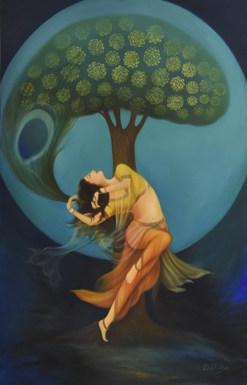 contemporary oil painting titled 'Resonance', 39x60 inches, by artist Durshit Bhaskar on Krishna Devotion